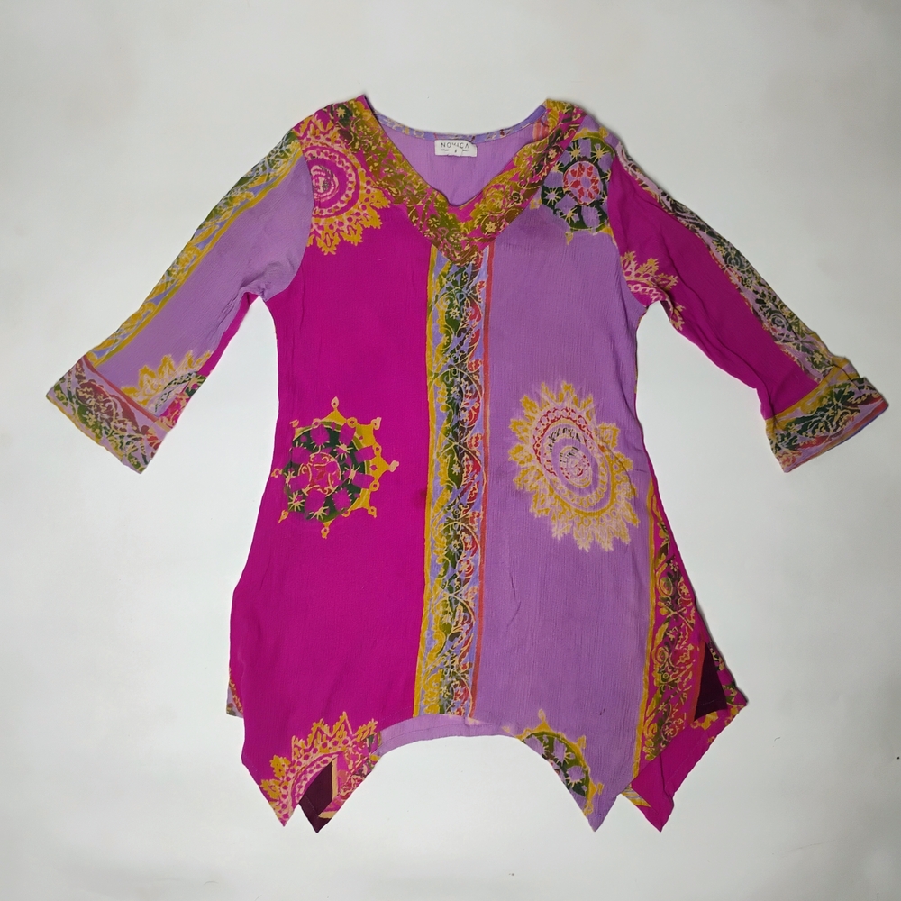 Novica Size S Boho V-Neck Tunic Fuchsia & Purple Batik Sun Print Multicolor Y2k